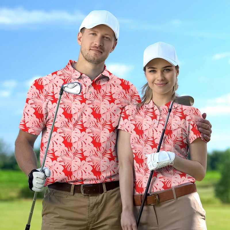 Couple red tropical leaves and plants set Golf Championship Trophy tournament