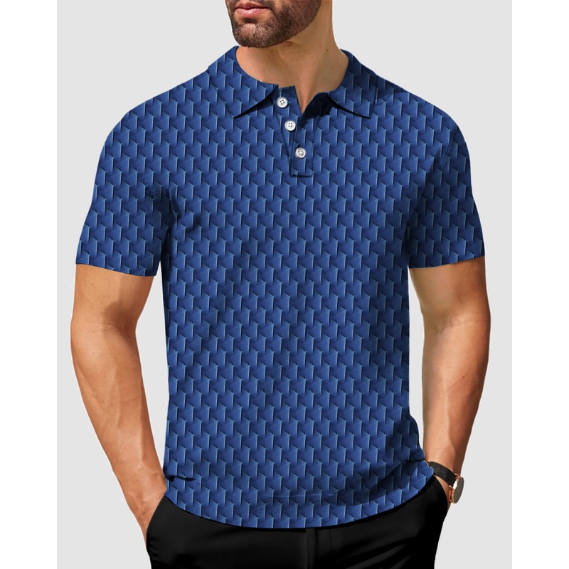 Men’s 3D Blue grid golf polo|S|M|L|XL|2XL|3XL|4XL|5XL|6XL