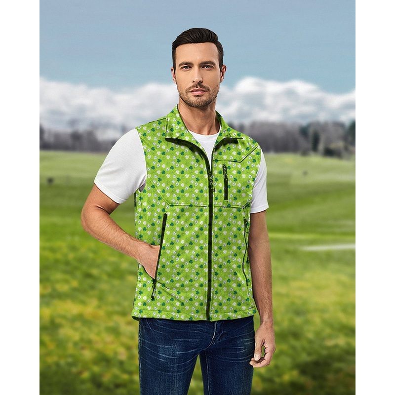 Men’s Leaf clover St. Patrick’s Day Lightweight Softshell Vest Sleeveless Jacket for Golf Windproof Waterproof