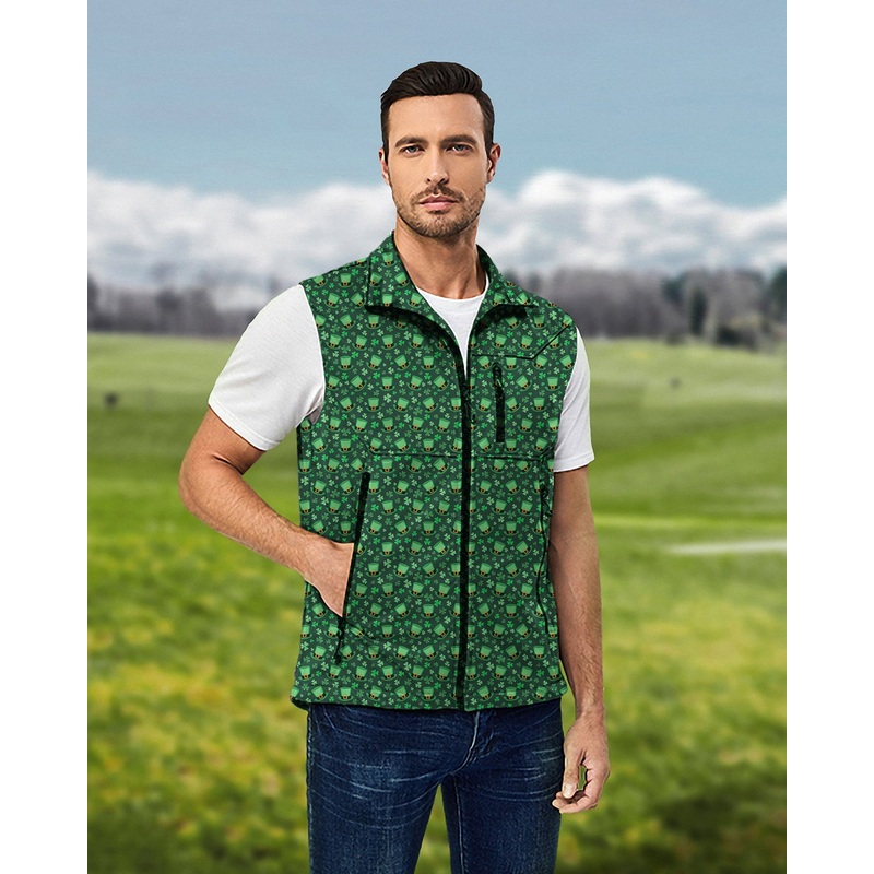 Men’s Leprechaun hat clover leaf St. Patrick’s Day Lightweight Softshell Vest Sleeveless Jacket for Golf Windproof Waterproof