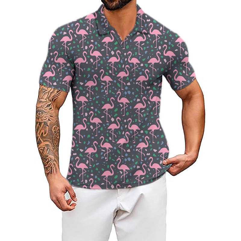 Men’s Terrazzo Flamingo V Neck Golf Polo Shirts