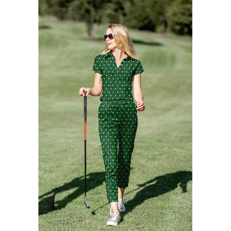Women’s Golf Polo+Pants Set Leprechaun hat clover leaf St. Patrick’s Day