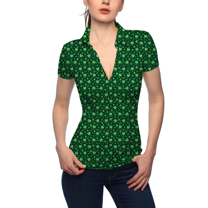 Women’s Leprechaun hat clover leaf St. Patrick’s Day V Neck Golf Polo