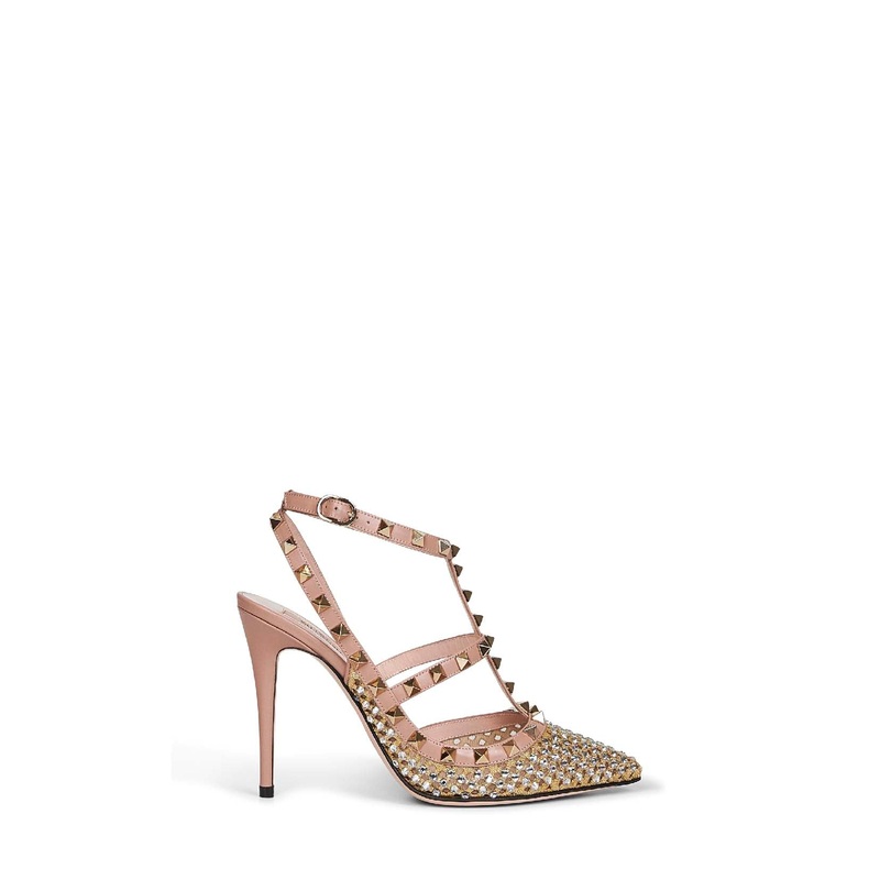 Leather and rhinestones mesh Rockstud slingback pumps