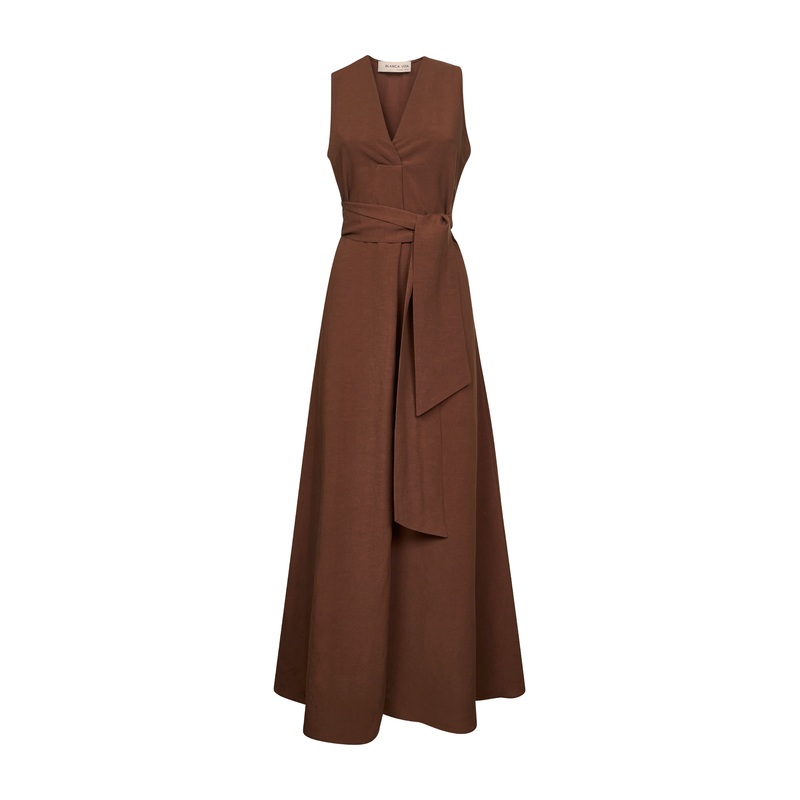 Brown viscose and linen Alongi long dress