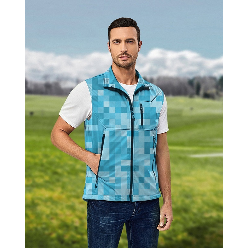 Men’s Blue Pixel Big Lightweight Softshell Vest Sleeveless Jacket for Golf Windproof Waterproof