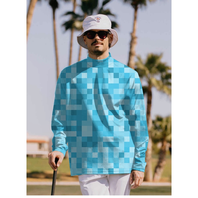 Men’s Blue Pixel Big Pullover High neck Long/Short sleeve T-Shirt