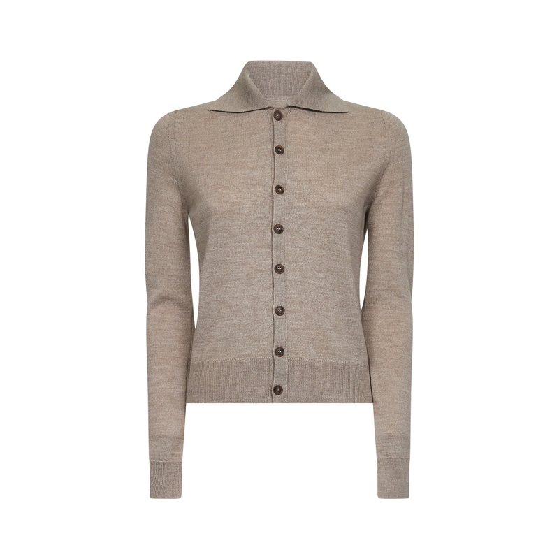 Beige virgin wool blend cardigan with patches