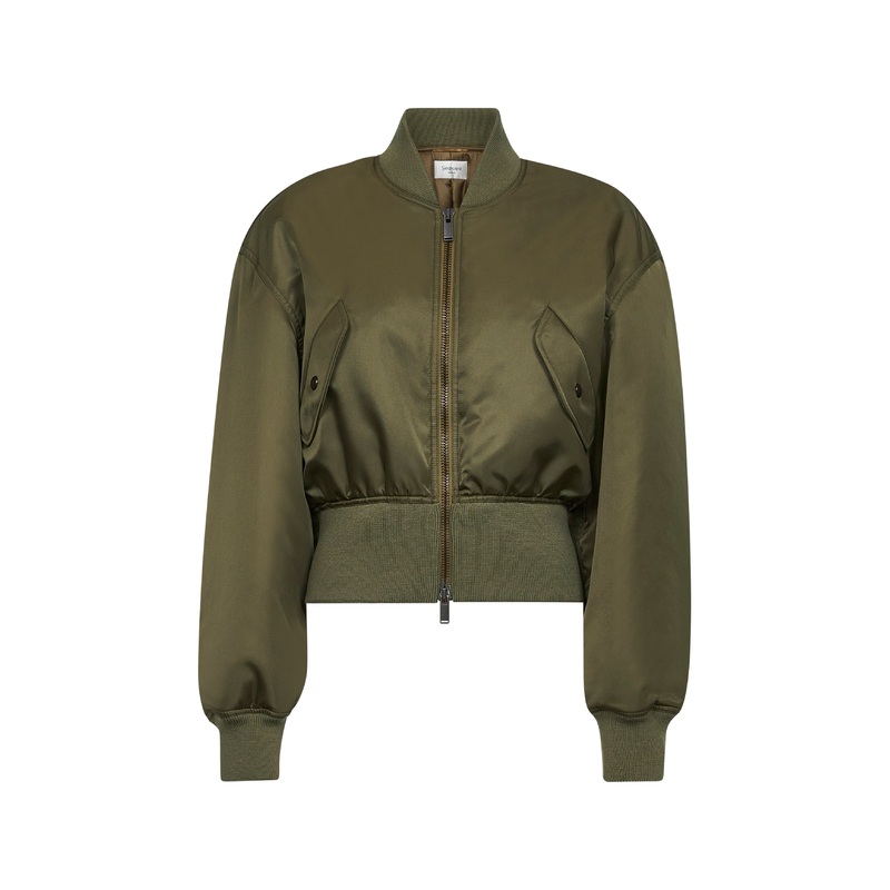 Khaki recycled nylon short padded bomber jacket