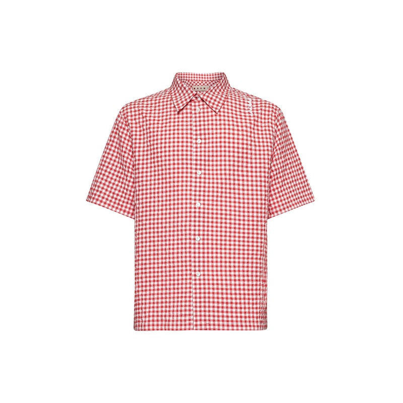 Red and white checked seersucker shirt