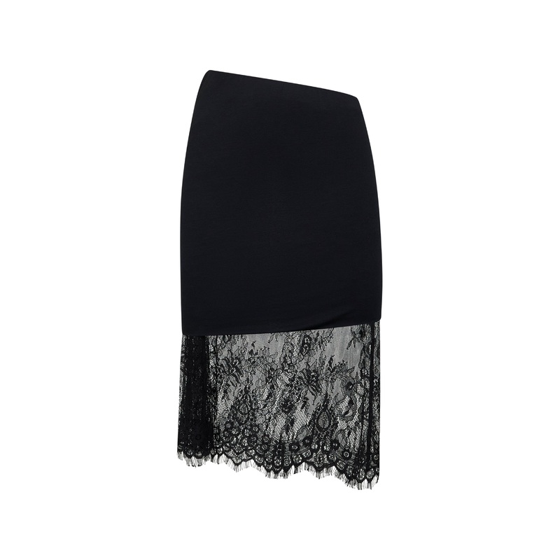 Black jersey and lace asymmetric midi skirt