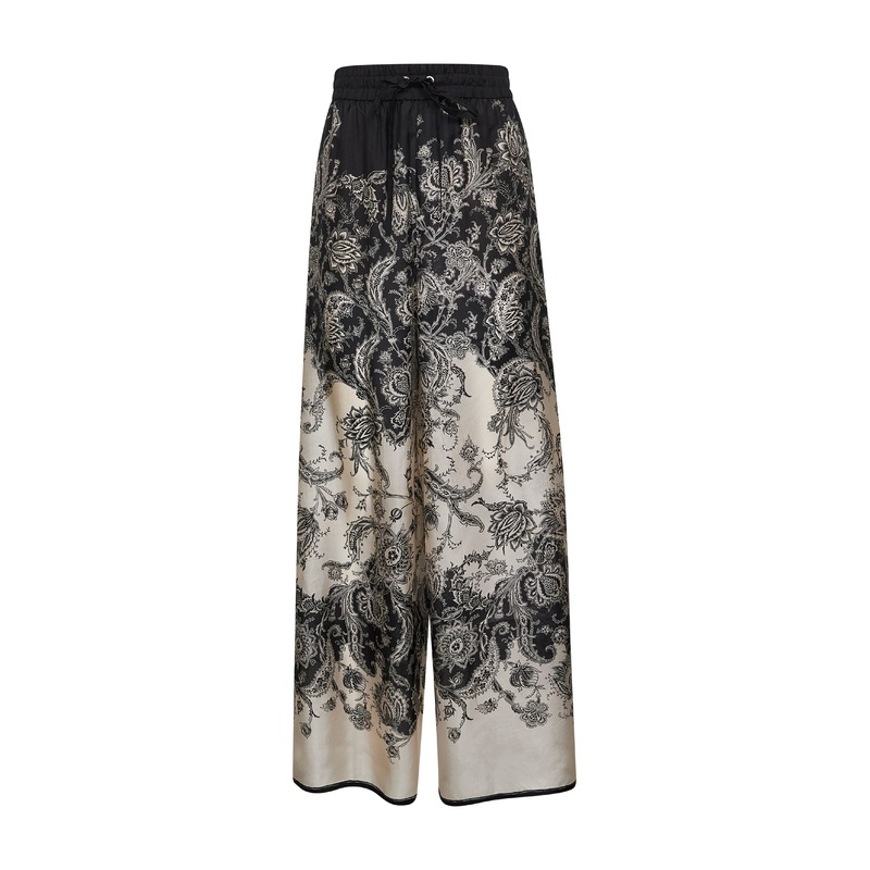 Cream and black floral habotai silk Rhiannon trousers