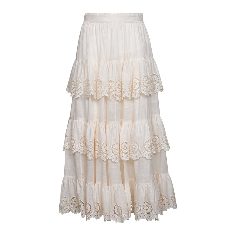 Ivory embroidered cotton Lucky tiered midi skirt
