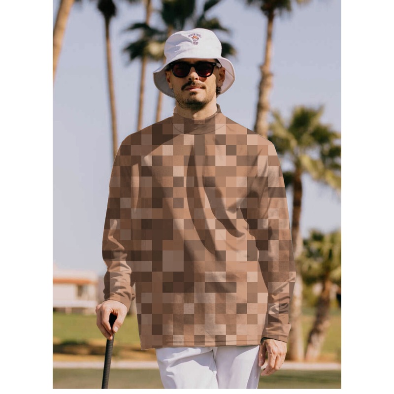 Men’s Brown Pixel Big Pullover High neck Long/Short sleeve T-Shirt
