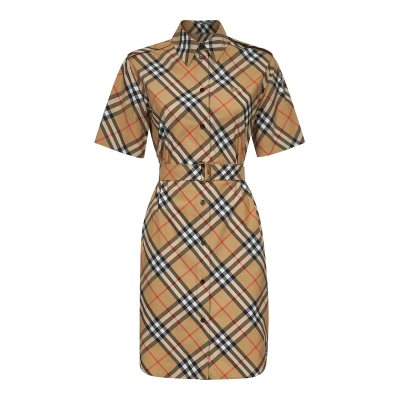 Beige check cotton shirt dress