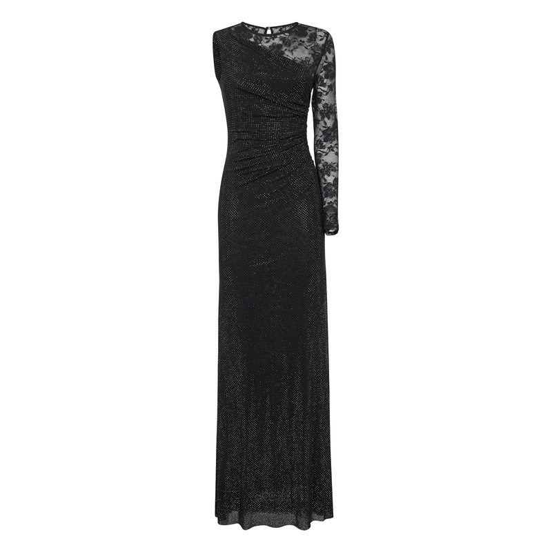 Black rhinestone mesh and lace maxi dress