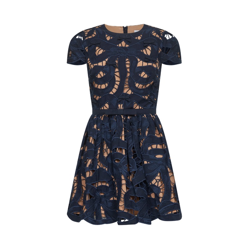 Blue cotton poplin mini dress with bow motif