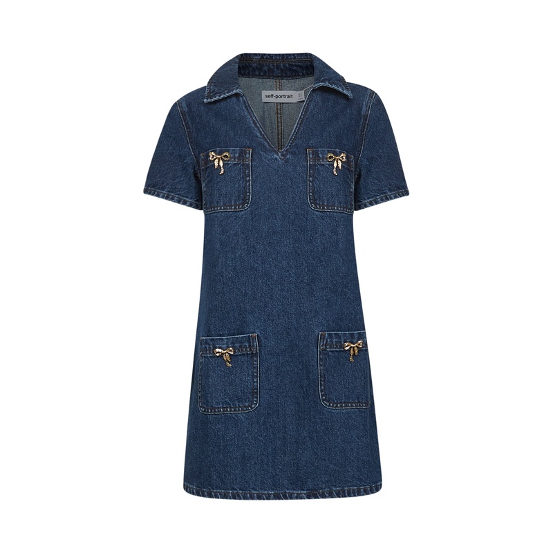 Blue denim gold bow mini dress