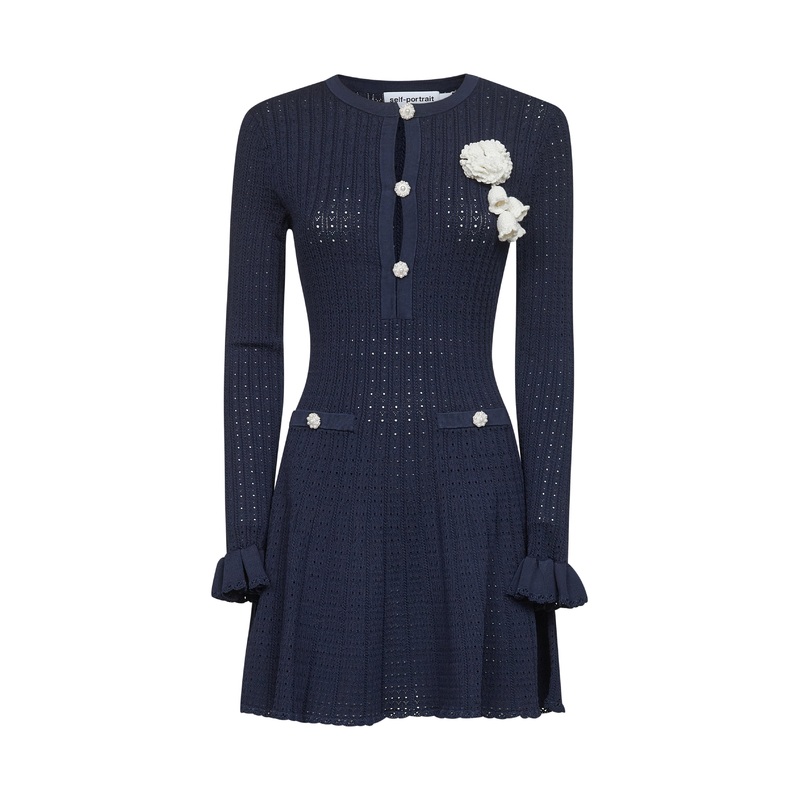 Blue pointelle knit crochet flowers minidress