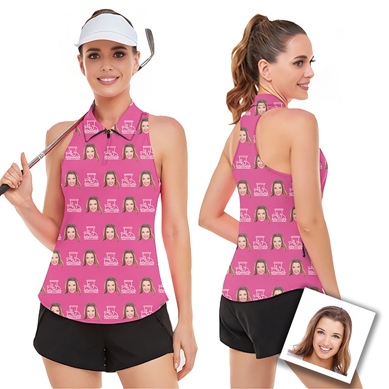 Custom Photo Funny Face Women’s Sleeveless Golf Tank Top Shirt Polo
