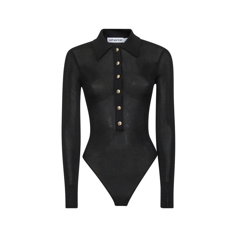 Black viscose knit long-sleeved bodysuit
