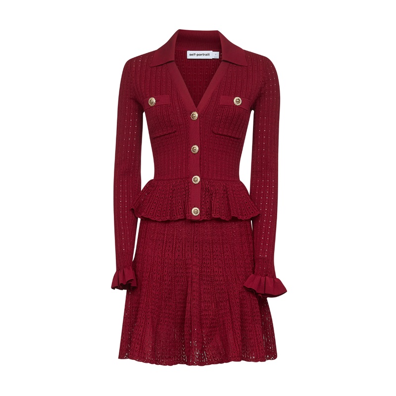 Burgundy pointelle knit long-sleeved mini dress