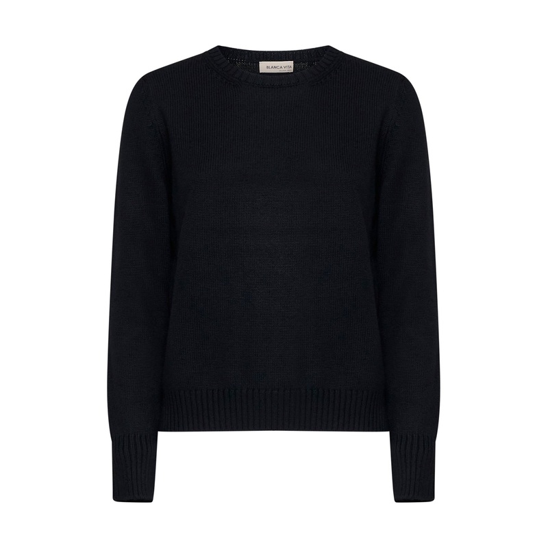 Crew-neck sweater in black virgin wool