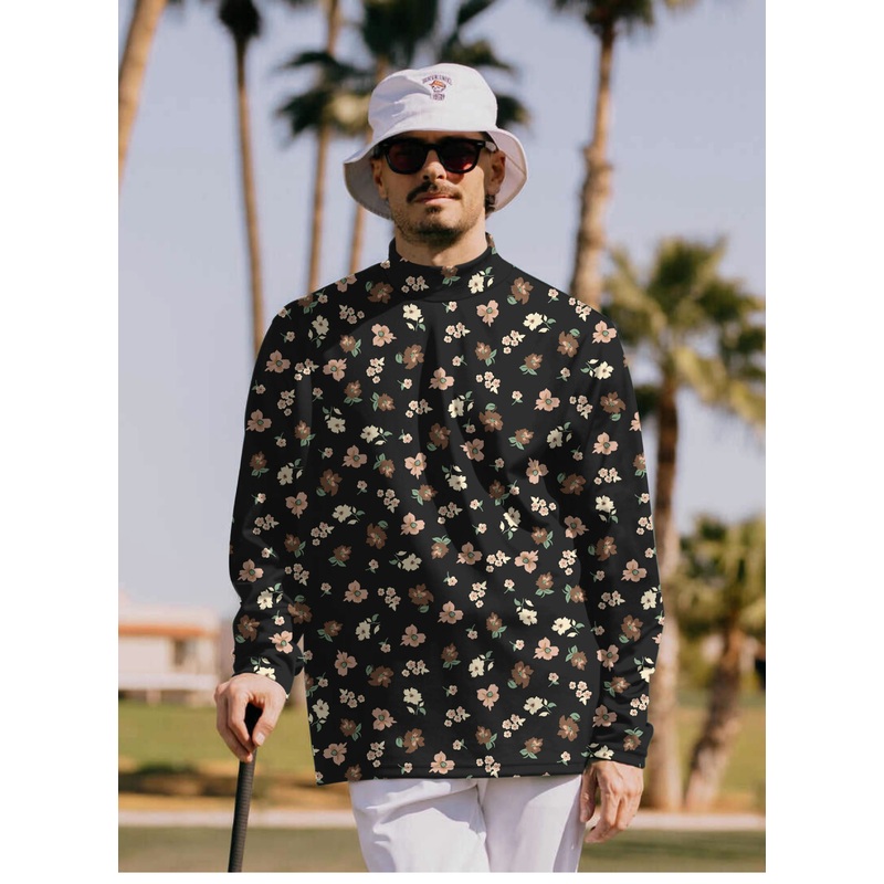 Men’s black flower Pullover High neck Long/Short sleeve T-Shirt