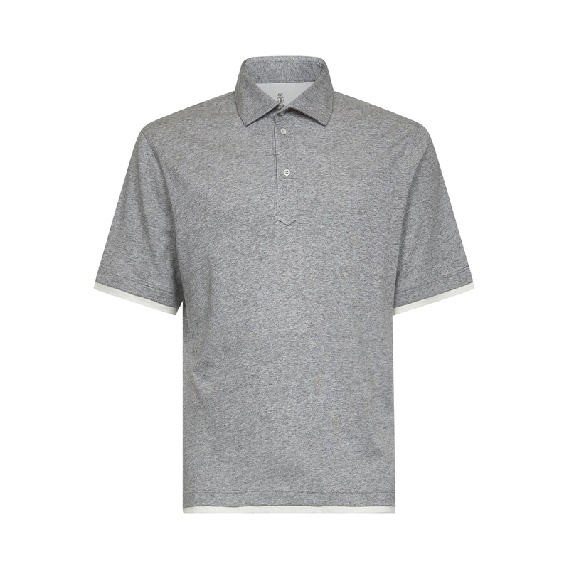 Grey melange linen and cotton polo shirt