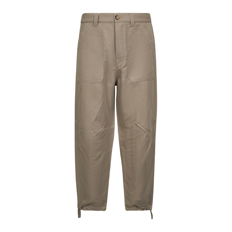 Khaki cotton and linen drill relaxed fit trousers