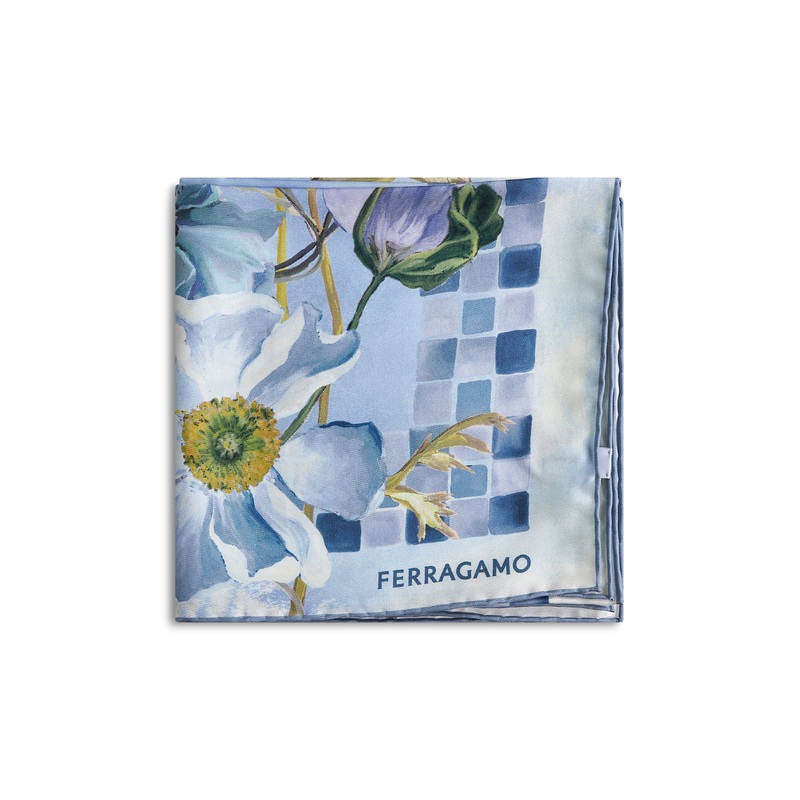 Sky blue Fiori print silk twill scarf
