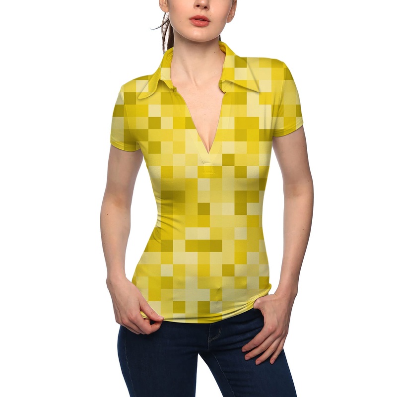 Women’s Yellow Pixel Big V Neck Golf Polo