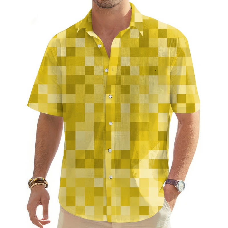 Yellow Pixel Big Men’s Golf Hawaiian Shirts Button Down Shirt