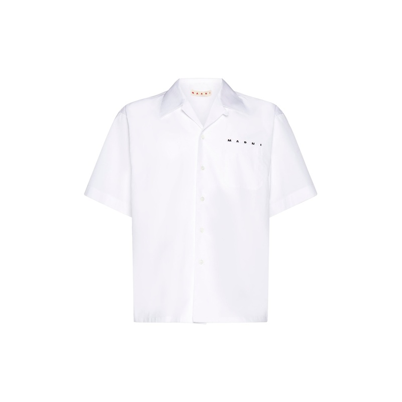 White organic poplin bowling shirt with logo