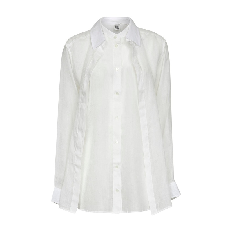 White ramie voile double collar shirt