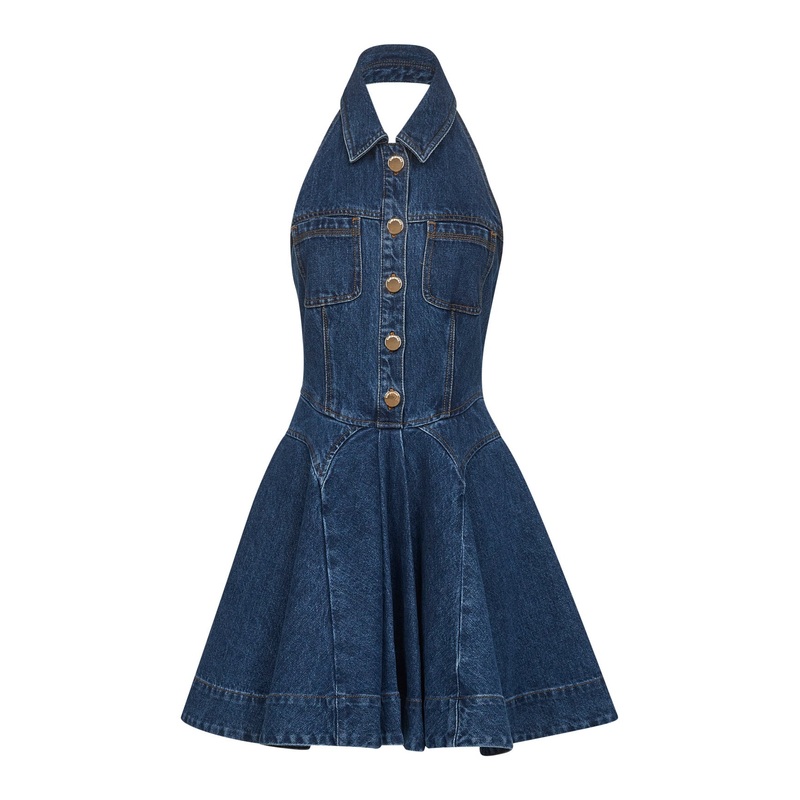 Blue cotton denim flared mini dress