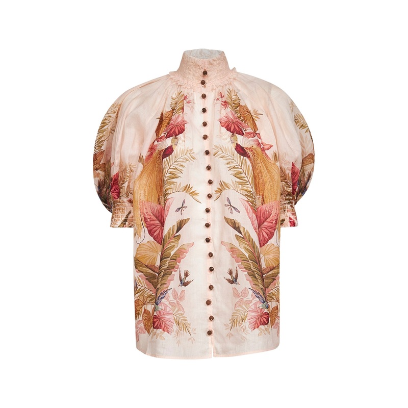 Cream Palm Floral print ramie Ascension blouse