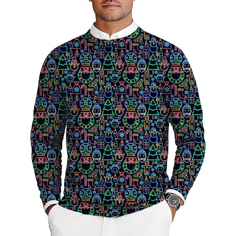 Neon Christmas Men’s Golf Crewneck Pullover Sweaters Ugly Sweater