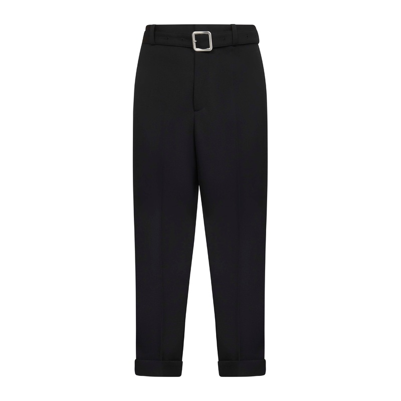Black wool gabardine belted trousers