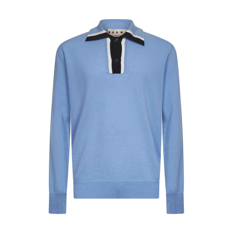 Light blue virgin wool knit polo shirt