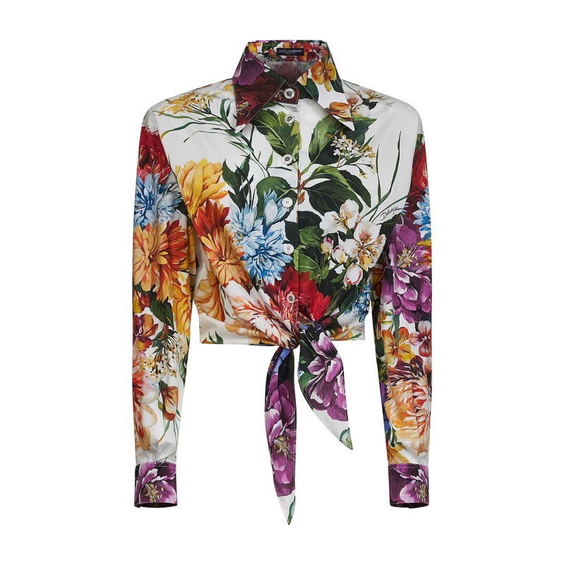 Bouquet flower print poplin tied shirt
