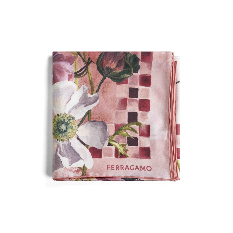 Pink Fiori print silk twill scarf