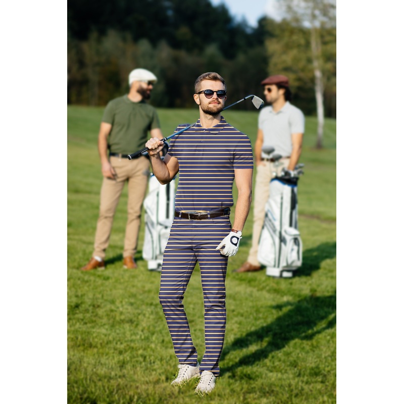 Men’s Golf Set Polo+Pants Navy blue and orange stripes limited edition