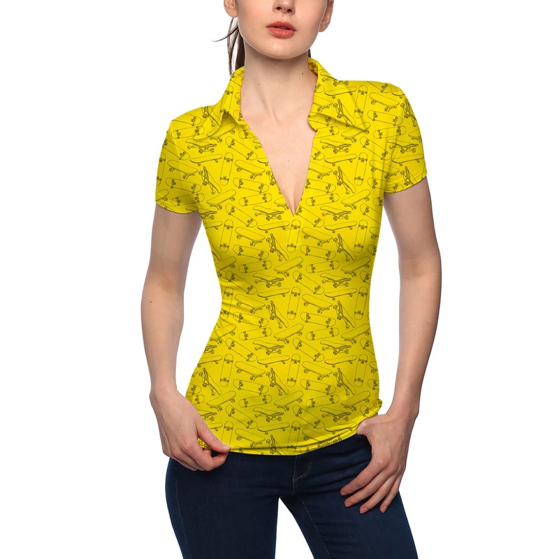 Women’s Yellow Skateboard V Neck Golf Polo