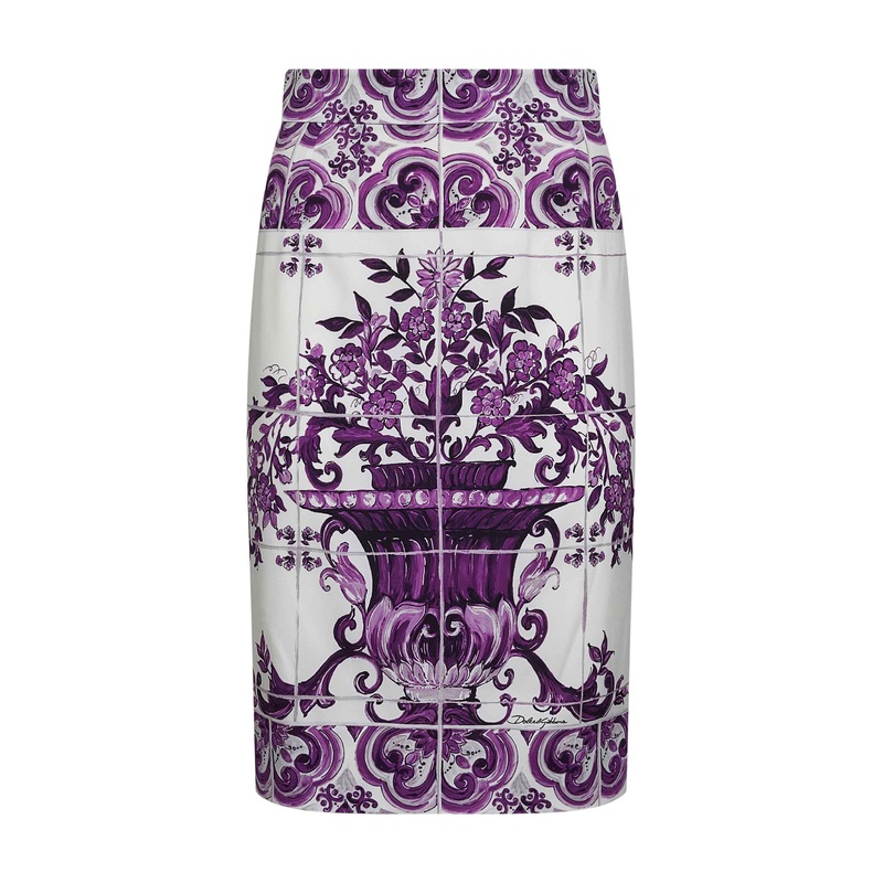 Maiolica print stretch silk skirt