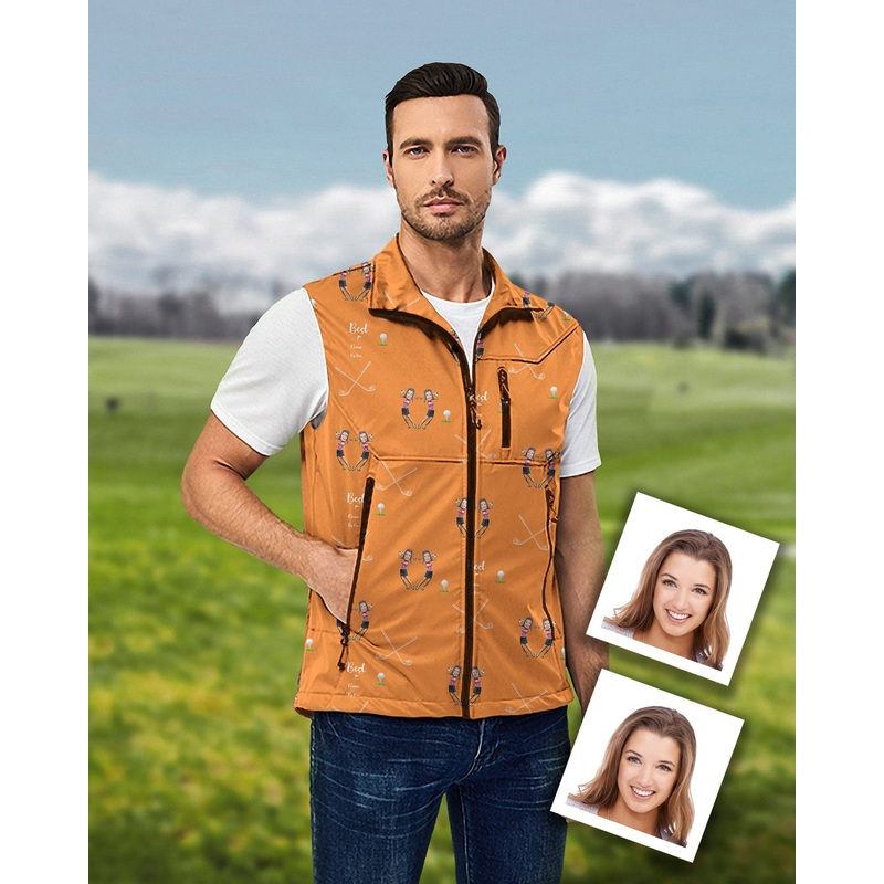 Men’s Custom Sister Photo Face & Name Lightweight Softshell Vest Sleeveless Jacket for Golf Windproof Waterproof