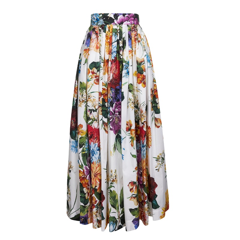 White cotton bouquet flower print long skirt