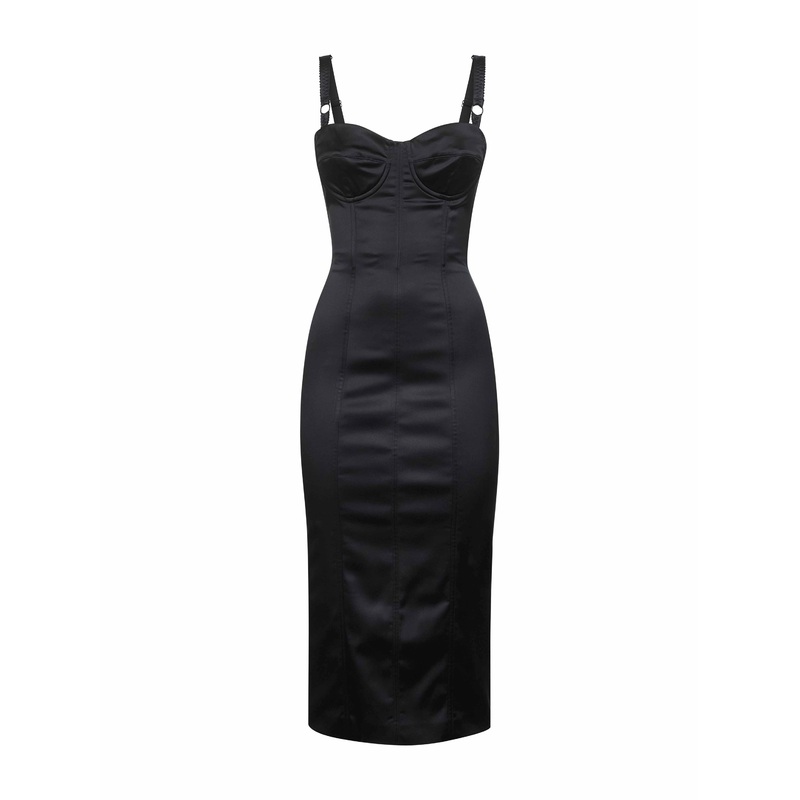 Black satin calf-lenght bustier dress
