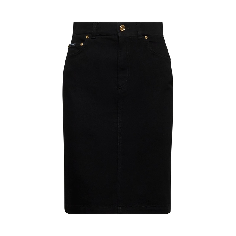Black stretch denim midi skirt