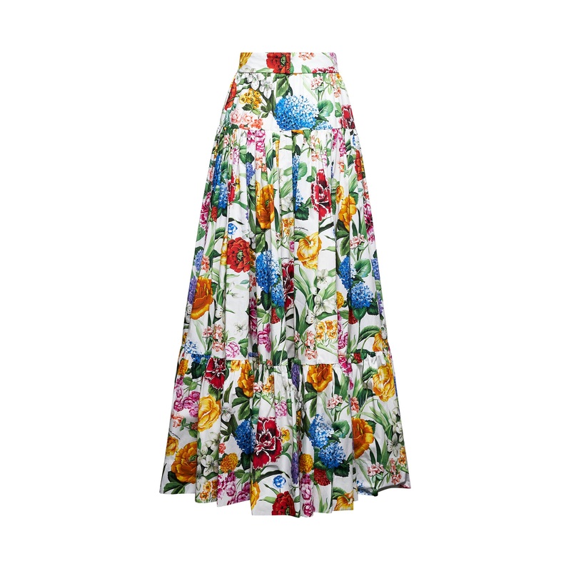 Floral print long flounced skirt